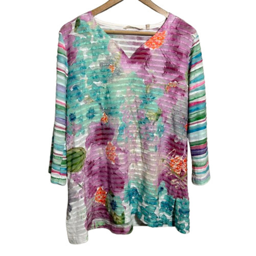 Soft Surroundings Tunic Top XL Floral Watercolor 3/4 Sleeve Ribbed Pleated Color